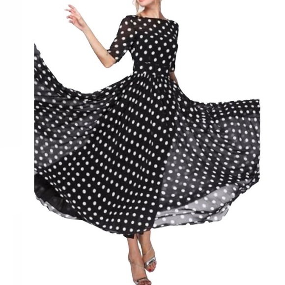 Floryday Women's Chiffon Polka Dot Half Sleeve Maxi Dress - Picture 4 of 16
